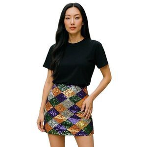 Multi Color Sequin Diamond Pattern Stretch Mini Skirt